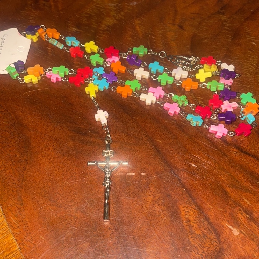 - New beautiful colorful cross rosary in stone long 24 inches long